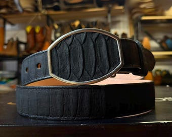 Men’s Black Python Snake Skin Belt. Black Leather Cowboy Belt. Mexican Belt For Men. Round Buckle Rodeo Belt. Cinto Piteado. Cinto Negro