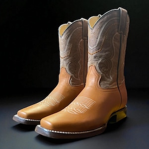 Orange-Brown Men’s Cowboy Boots. Full Grain Leather Boots. Rodeo Western Boots for Men. Square Toe Cowboy Boots Men. Bota Vaquero De Hombre.