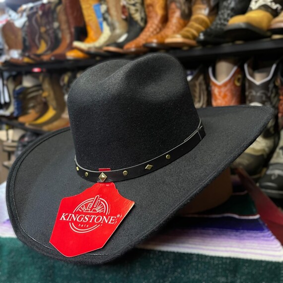 Vintage Black Felt Cowboy Hat with Black Material Leather Look Alike Band Vintage Wrangler 4X Beaver Black Felt Cowboy Hat 7 3/8 Made  main image 2