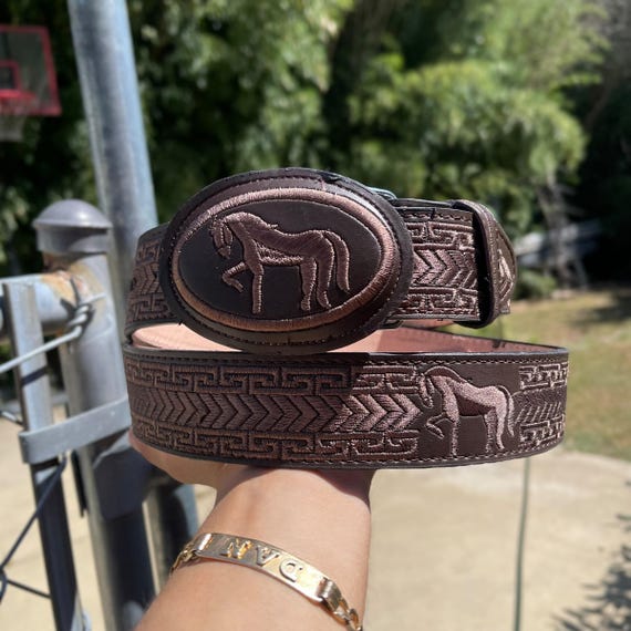 Vintage Western Leather Belt Horses Embroidered Buckle Brown 36 Made Mexico s-l400.jpg main image 2