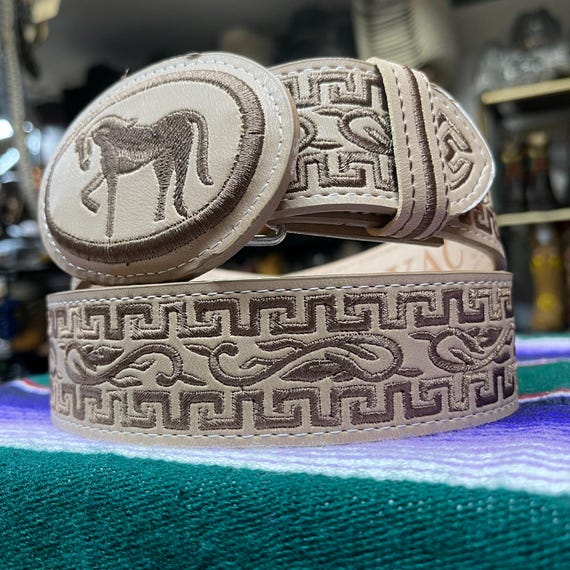 Mexican Embroidered Belt. Cowboy Western Belt. Genuine Leather