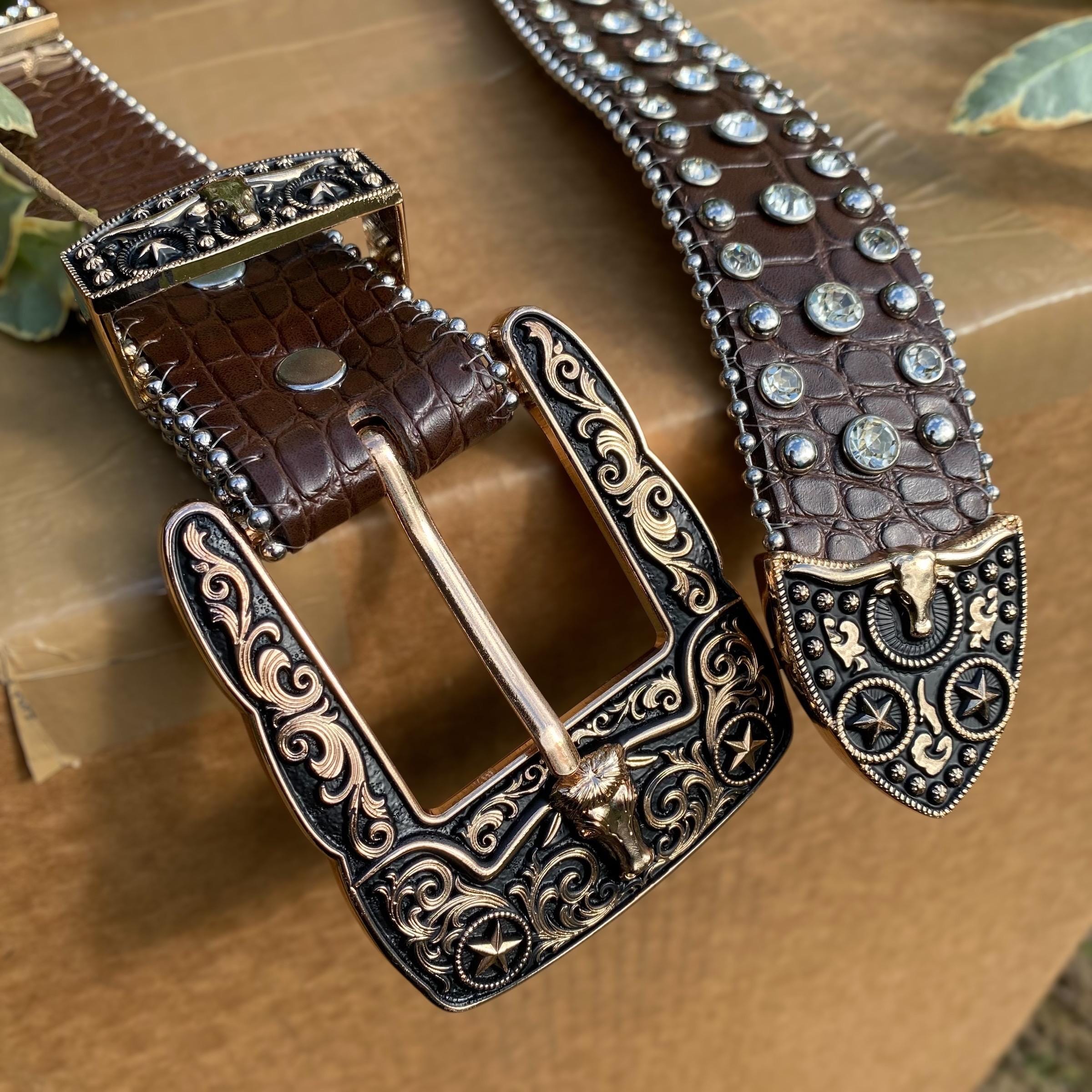 Rhinestone Buckle Adjustable Brown Woven‎ Leather Belt M Buy Rhinestone Buckle Belt For Big And Tall | Brown Full  main image 4