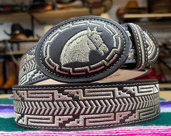 Nava Black Leather Embroidered Western Belt Silver Plate Buckle Horse Mexico 28\