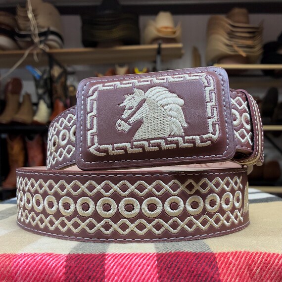 Genuine Leather Belt with Embroidered Design, 1.5\