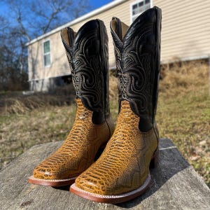May include: A pair of cowboy boots featuring a snakeskin design on the foot and a black leather upper. The boots have decorative stitching and a square toe. The boots are brown, tan, and black.
