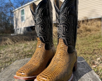 Brown Python Snake Skin Boots. Men’s Western Cowboy Boots. Square Toe Cowhide Leather Boots. Bota Vaquero De Piel Pitón Vibora.
