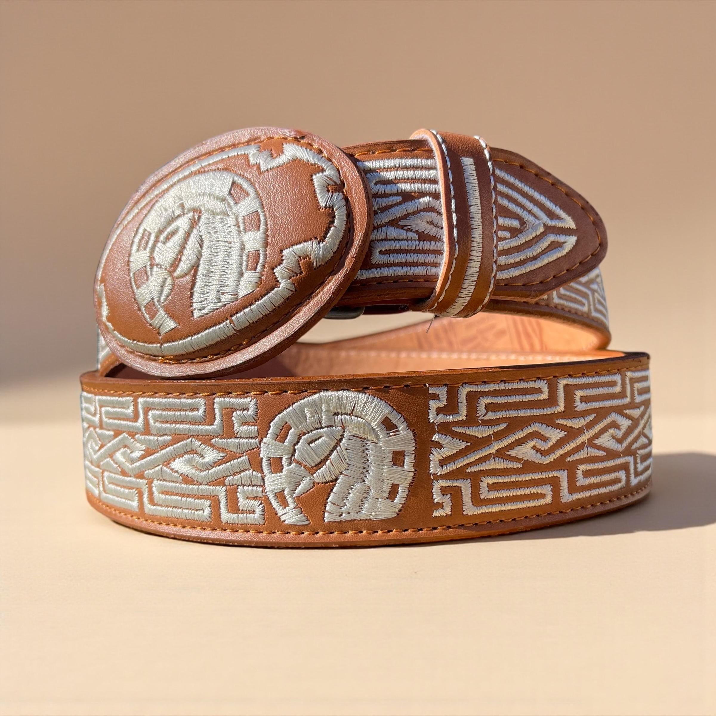 VINTAGE HANDMADE Genuine Leather Brown Belt with Embroidered Horse White Accents Rooster Embroidered Belt. Men main image 2