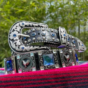Blue Rhinestone Western Belt. Black Cowboy Rodeo Belt. Rooster Cowboy Belt. Black Genuine Leather Belt. Cinto Vaquero Con Piedra Azul.