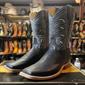 Black SQUARE TOE Cowboy Boots. Genuine Leather Boots for Men. Rodeo Western Boots. Bota Vaquero De Piel. Bota Con Punta cuadrada Negra.