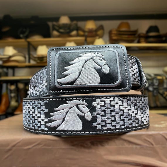 Horse Embroidered Leather Belt. Mexican Cowboy Belt for Men  display picture 3