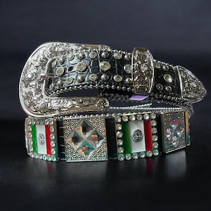 Men’s Mexico Flag Belt. Western Cowboy Leather Belt. Rhinestone Rodeo Belt. Mexican Pride Gift. Cinto Vaquero De Mexico. Cinto De Piel.