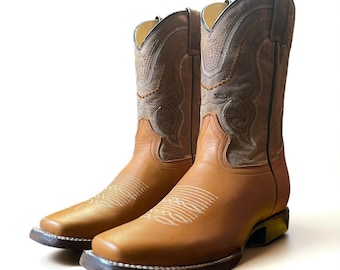 Men’s Orange-Brown Cowboy Boots. Brown Leather Square Toe Boots. Rodeo Country Riding Boots. Bota Vaquero De Hombre. Bota Con Punta Cuadrada