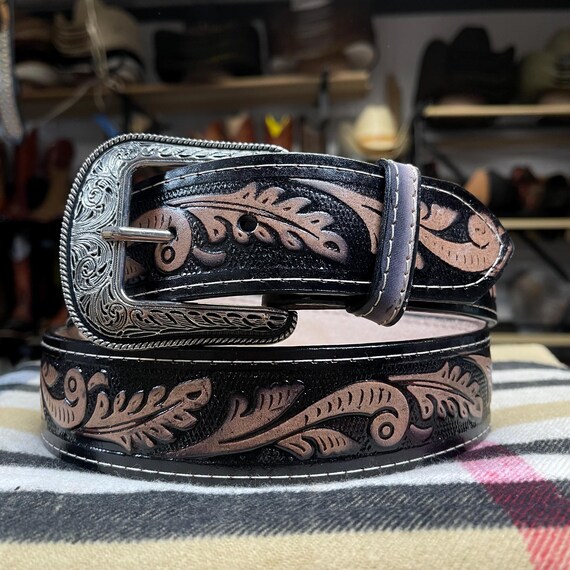 Black Leather Western Belt with Decorative Silver Buckle Desert Black Belt - Texas Buckle - Gomez Western Wear main image 2