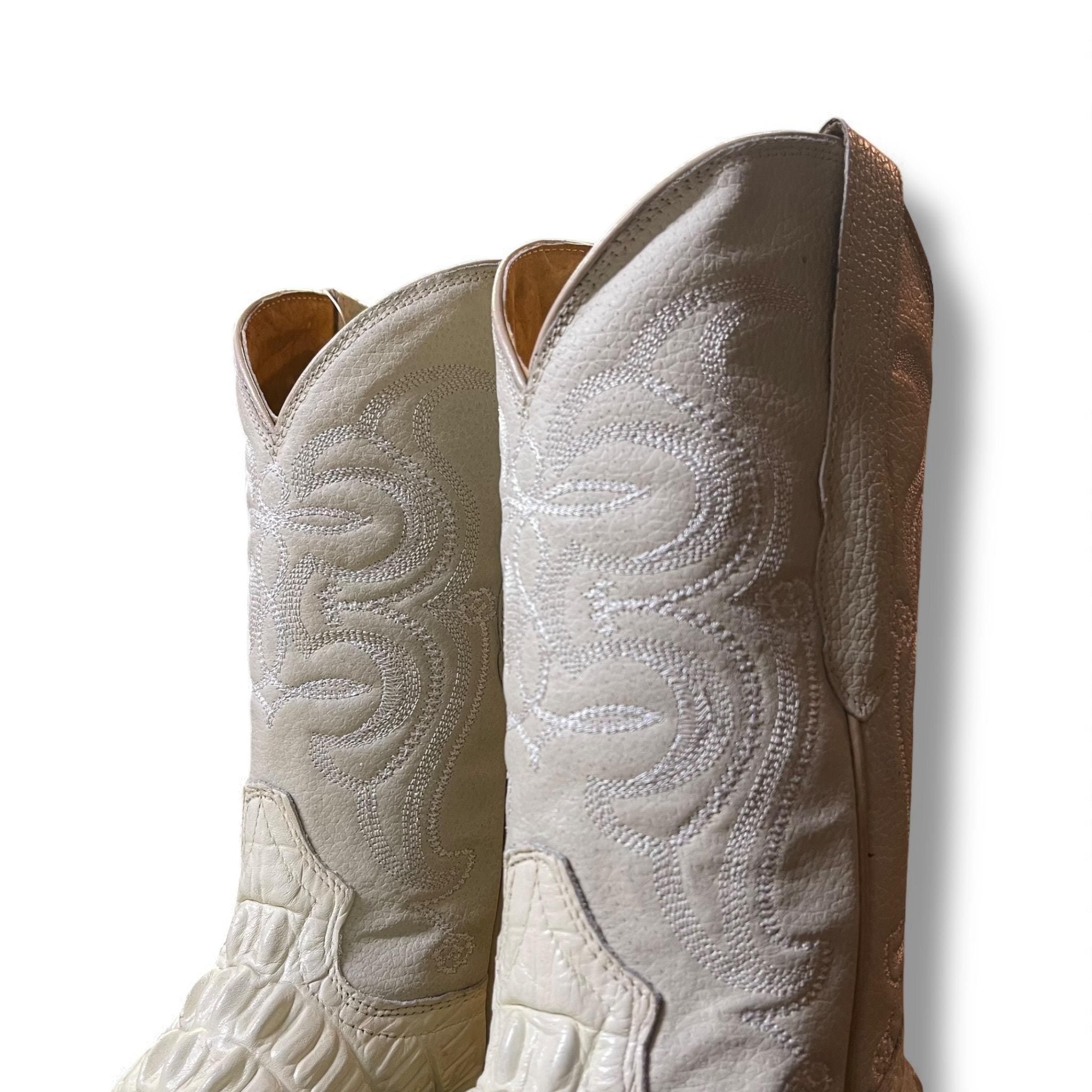 Vintage Mexican Skin Boots Caiman Alligator Mens Size 7-7.5/ Womens 9 Cream Gray White Horn Back Alligator  main image 3
