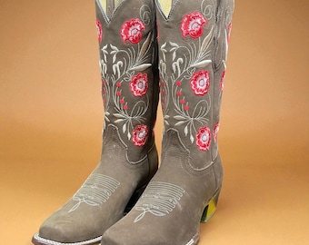WOMENS COWGIRL Cowboy Square Toe Leather Rose Embroidered BOOTS