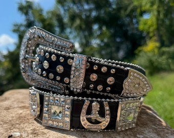 Men's White Rhinestone Western Belt. Black Leather Rhinestone Belt. Horseshoe Bling Belt. Unisex Cowboy Boot Belt. Cinto Vaquero Negro