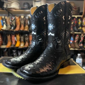 ALL-BLACK Ostrich Skin Cowboy Boots. Square Toe Western Boots for Men. Full Genuine Leather Boots. Botas De Piel De Avestruz. Bota Cuadrada.