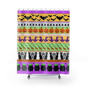 Halloween Shower Curtain: Bats, Spiders, Cauldrons & Black Cats