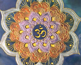 Deep and shimmering hand painted mandala with handmade hardwood frame.  Wax encaustic art will bring peace to your personal space.