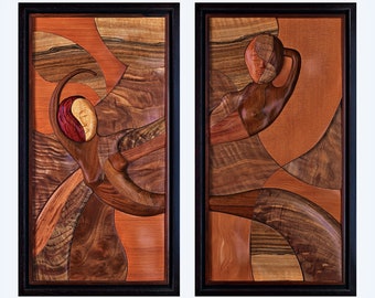 Sirens. Art Nouveau inspired bas relief wood sculpture.  Flowing design of figured woods set in a rich Wenge, Rosewood, and Ebony frame.