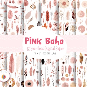 12 Pink Boho Digital Papers, Seamless Pattens, Boho Scrapbook Paper, Boho Backgrounds, Boho Patterns, Digital Paper, Commercial Use Digital