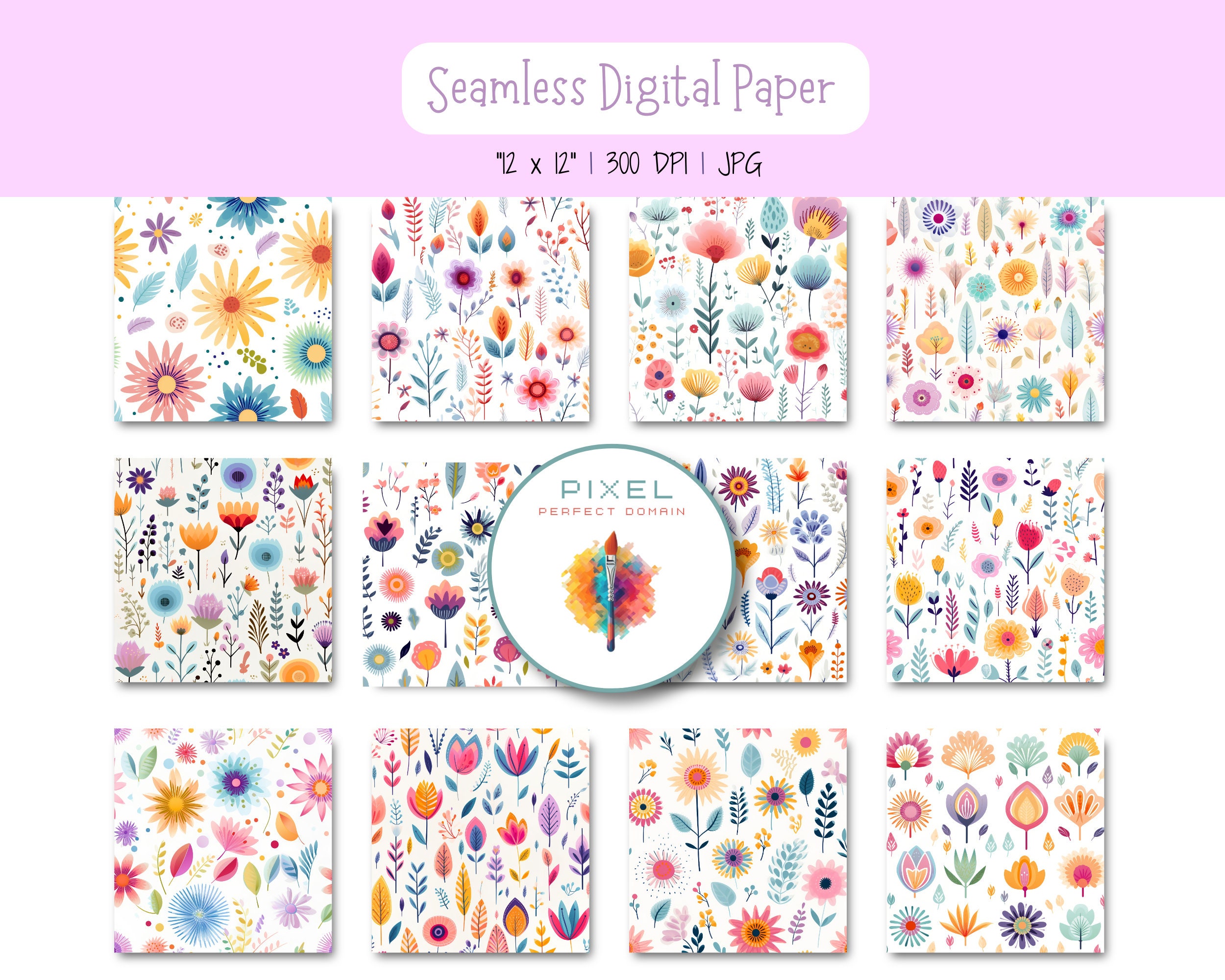 12 Boho Flowers Digital Papers, Seamless Pattens, Boho Scrapbook Paper ...