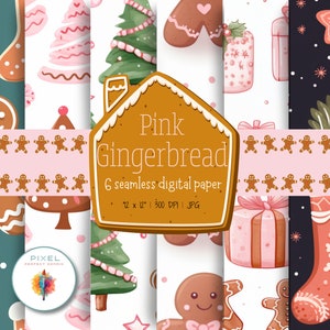 6 Pink Gingerbread Digital Papers, Christmas Seamless Pattens, Scrapbook Paper, Christmas Backgrounds, Digital Paper, Commercial Use Digital