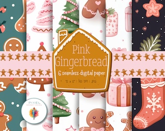 6 Pink Gingerbread Digital Papers, Christmas Seamless Pattens, Scrapbook Paper, Christmas Backgrounds, Digital Paper, Commercial Use Digital