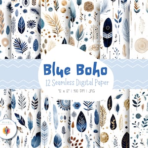 12 Blue  Boho Digital Papers, Seamless Pattens, Boho Scrapbook Paper, Boho Backgrounds, Boho Patterns, Digital Paper, Commercial Use Digital