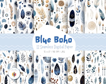 12 Blue  Boho Digital Papers, Seamless Pattens, Boho Scrapbook Paper, Boho Backgrounds, Boho Patterns, Digital Paper, Commercial Use Digital