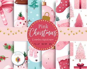 6 Pink Christmas Digital Papers, Christmas Seamless Pattens, Scrapbook Paper, Christmas Backgrounds, Digital Paper, Commercial Use Digital
