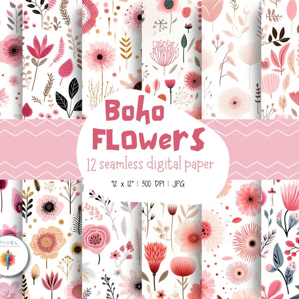 12 Pink Boho Flowers Digital Papers, Seamless Pattens, Boho Scrapbook Paper, Boho Backgrounds, Boho Patterns, Digital Paper, Commercial Use