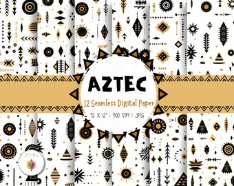 12 Aztec Digital Papers, Black and Gold Seamless Pattern, Aztec Scrapbook paper, Tribal Backgrounds, Aztec Patterns, Commercial Use Licence