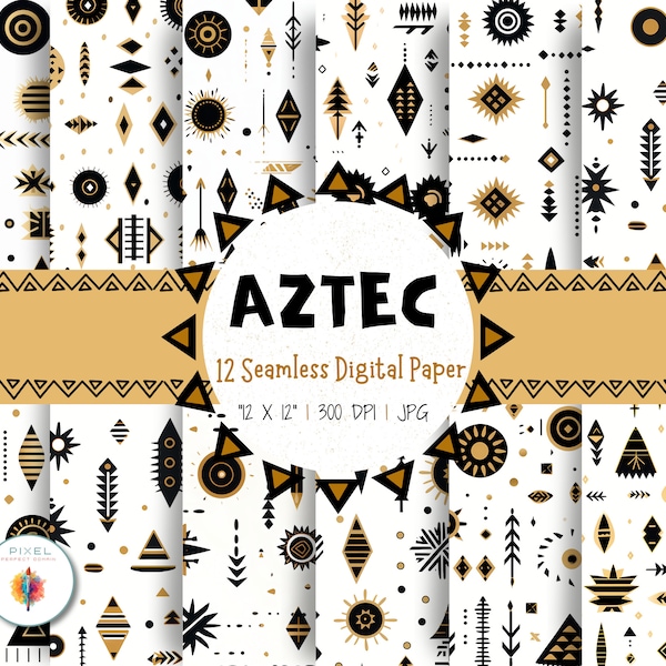 12 Aztec Digital Papers, Black and Gold Seamless Pattern, Aztec Scrapbook paper, Tribal Backgrounds, Aztec Patterns, Commercial Use Licence