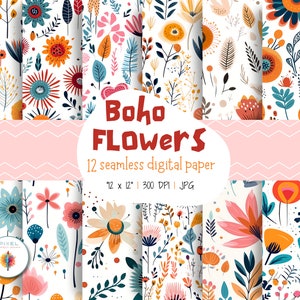 12 papeles digitales de flores Boho, patrones sin costura, papel de Scrapbook Boho, fondos Boho, patrones Boho, papel Digital, uso comercial