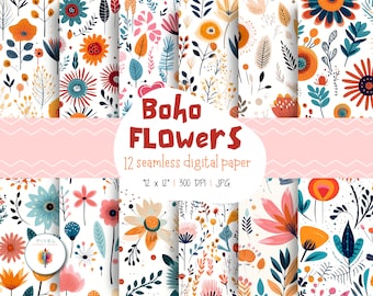 12 Boho Flowers Digital Papers, Seamless Pattens, Boho Scrapbook Paper, Boho Backgrounds, Boho Patterns, Digital Paper, Commercial Use