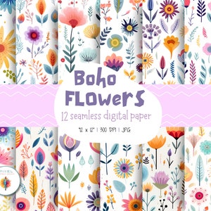 12 papeles digitales de flores Boho, patrones sin costura, papel de Scrapbook Boho, fondos Boho, patrones Boho, papel Digital, uso comercial