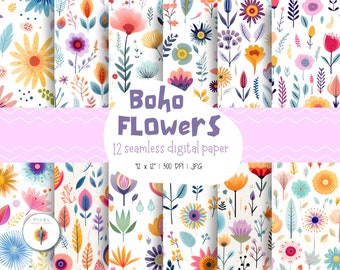 12 Boho Flowers Digital Papers, Seamless Pattens, Boho Scrapbook Paper, Boho Backgrounds, Boho Patterns, Digital Paper, Commercial Use