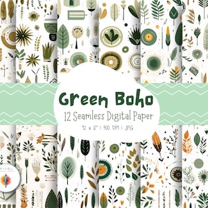 12 Green Boho Digital Papers, Seamless Pattens, Boho Scrapbook Paper, Boho Backgrounds, Boho Patterns, Digital Paper, Commercial Use