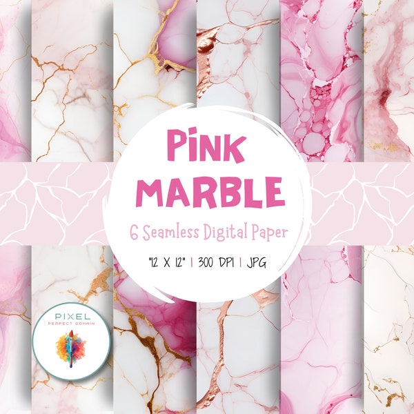 6 Pink Marble Digital Papers, Seamless Pattens, Scrapbook Paper, Marble Backgrounds, Marble Patterns, Digital Paper, Commercial Use Digital