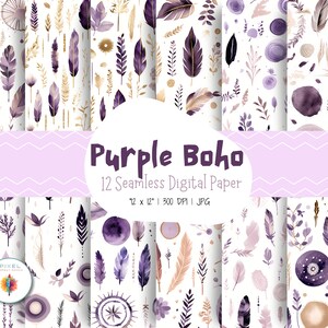 May include: A set of 12 digital papers featuring purple and gold boho patterns. The patterns include feathers, leaves, and geometric shapes. The papers are 12 inches by 12 inches and 300 DPI.