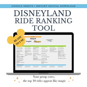 Peut inclure: Un écran d'ordinateur portable affiche un outil de classement des manèges de Disneyland, avec une liste de manèges et le texte "READY TO USE". Le titre est "DISNEYLAND RIDE RANKING TOOL" avec "GOOGLE SHEETS • INSTANT DIGITAL DOWNLOAD" au-dessus. Le texte "Your group votes, the top 10 rides appear like magic" est en dessous.