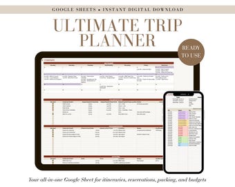 May include: A digital trip planner displayed on a tablet and smartphone. The tablet shows a detailed itinerary with sections for events, reservations, and packing. The smartphone displays a colour-coded list. Text includes "ULTIMATE TRIP PLANNER" and "READY TO USE".