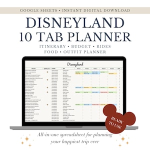 Könnte beinhalten: Ein Laptop zeigt eine Tabellenkalkulation namens "Disneyland 10 Tab Planner". Der Bildschirm zeigt einen detaillierten Reiseplan, Budget, Fahrgeschäfte, Essen und Outfit-Planer. Der Text "Ready to Use" ist enthalten.