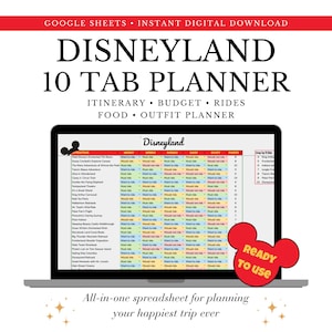 May include: A digital Disneyland 10 Tab Planner displayed on a laptop screen. The planner includes sections for itinerary, budget, rides, food, and outfit planning. A red Mickey Mouse-shaped sticker with "Ready to use" is on the screen.