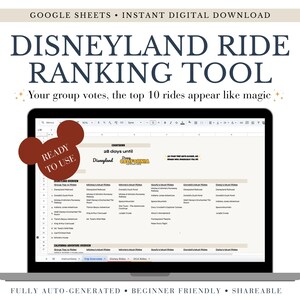 Disneyland Ride Ranking Tool | Google Spreadsheet for Group Trip Planning to Disneyland & California Adventures in Anaheim | Cute Minimal