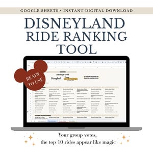 Peut inclure: Un ordinateur portable affiche une feuille de calcul intitulée "Disneyland Ride Ranking Tool". Un autocollant en forme de Mickey Mouse indique "Ready to Use". Le texte en haut indique "Google Sheets - Instant Digital Download".