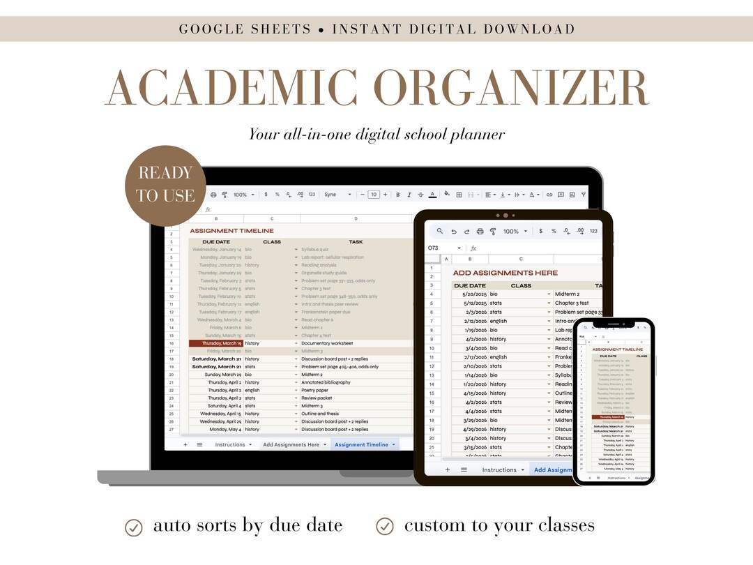 Google Sheets Academic Organizer: Student Assignment Tracker (digital ...