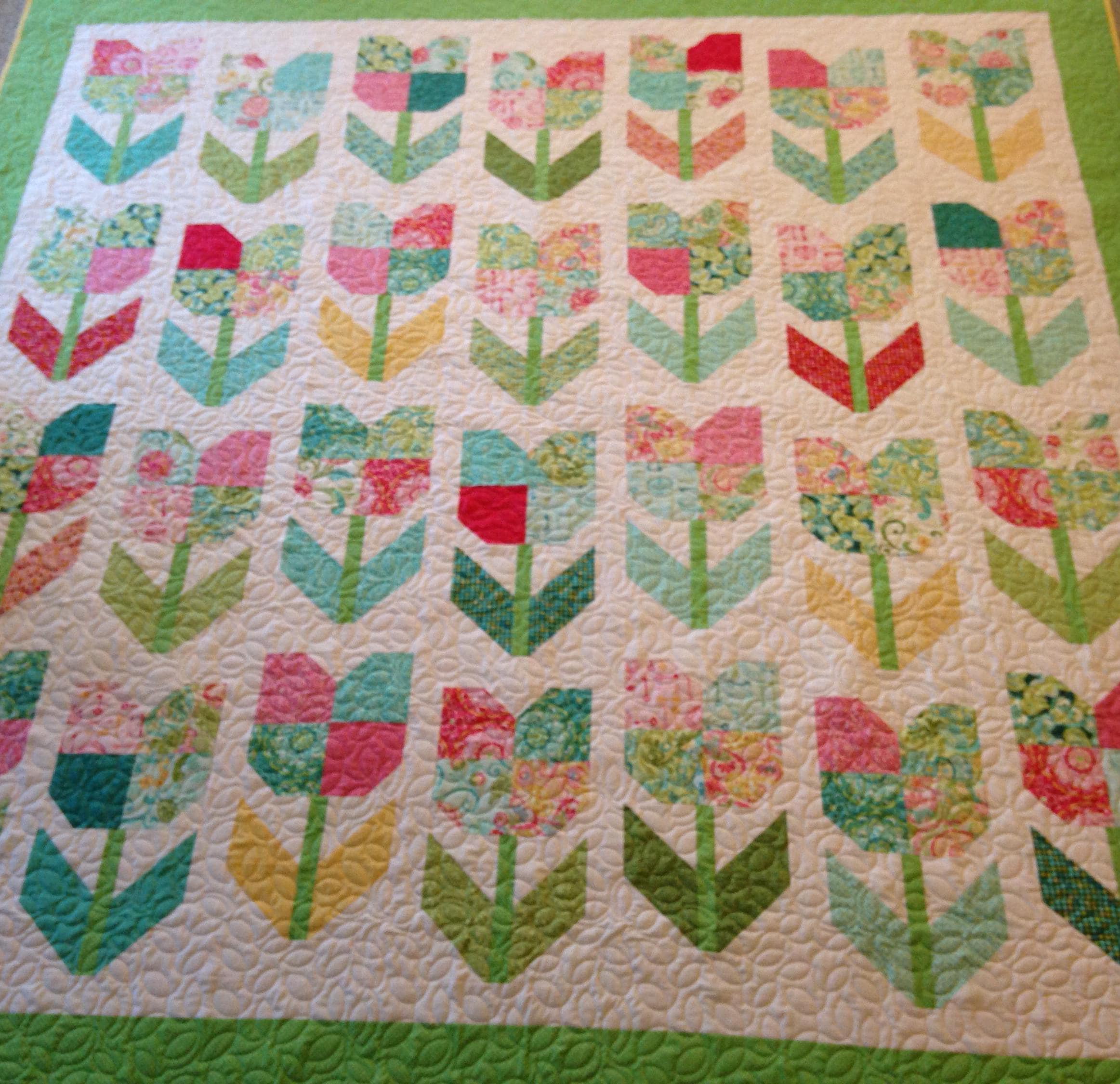Quilt Pattern For Spring Finished Lovely Spring Tulips Quilt- Floral, Yellow, Green, Pink - Etsy