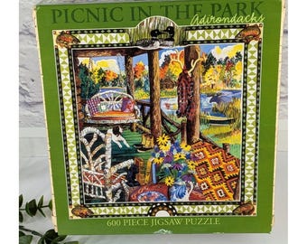 RAREVntg 2003 Picnic In the Park ADIRONDACKS Cynthia Fitting 600p Ceaco Puzzle